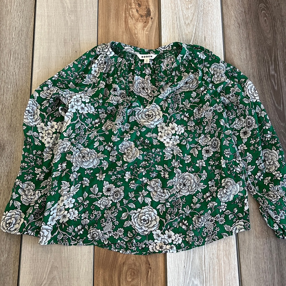 Boden Green Floral Long-Sleeve Blouse